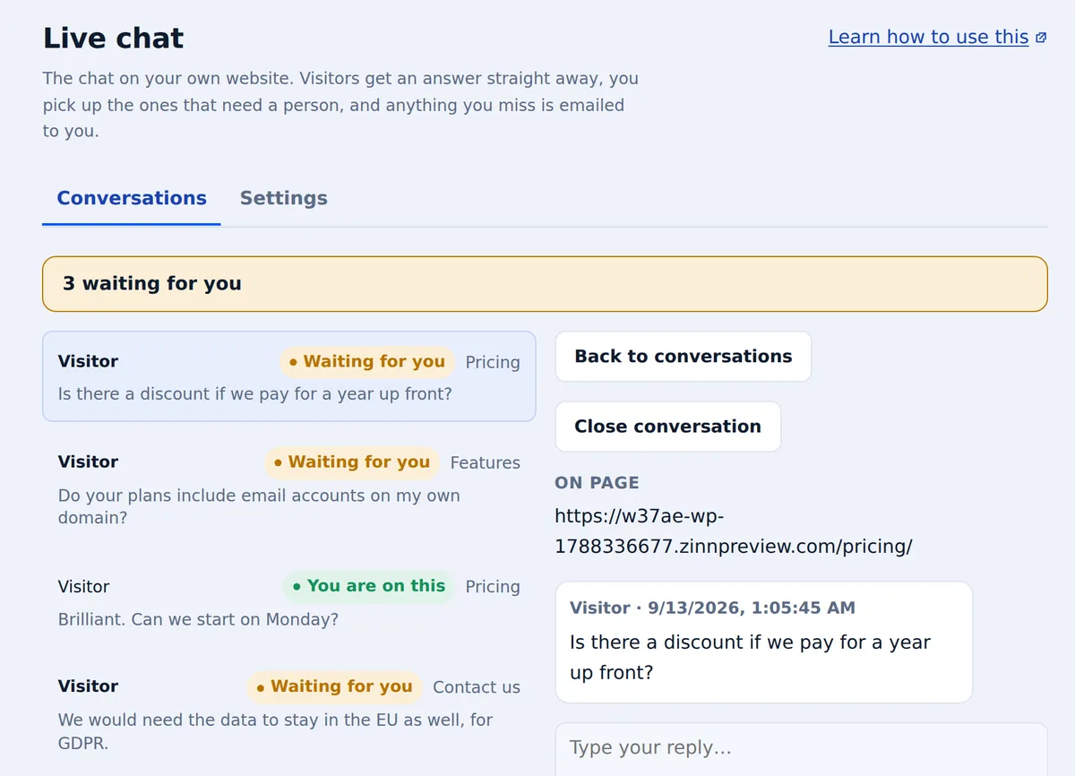 The Zinn® Chat inbox in the Zinn Digital® dashboard, with a list of visitor conversations and one conversation open