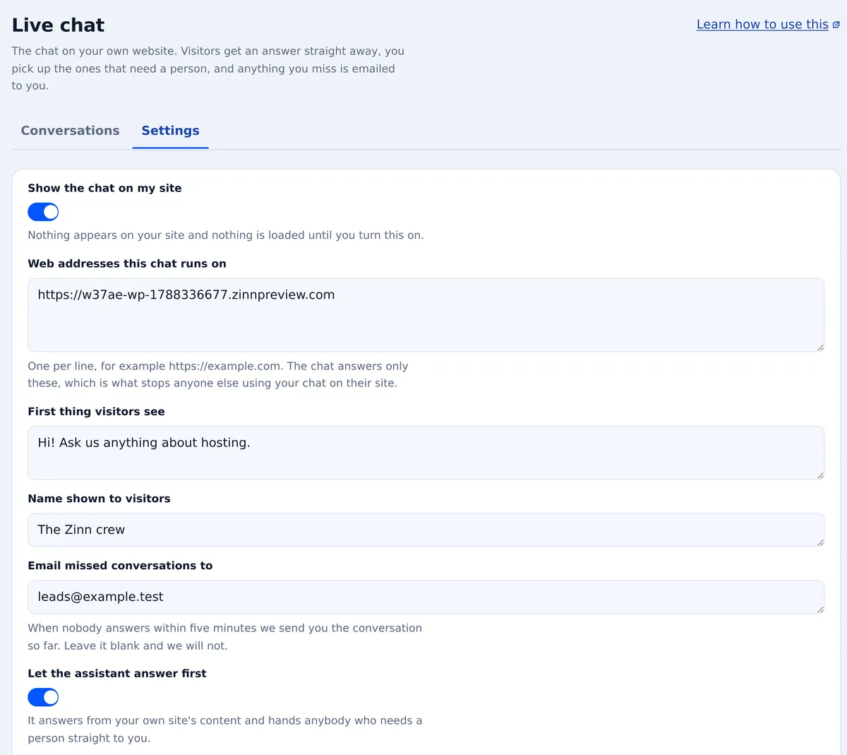 The Zinn® Chat settings screen, with the switches for showing the chat and letting the assistant answer first