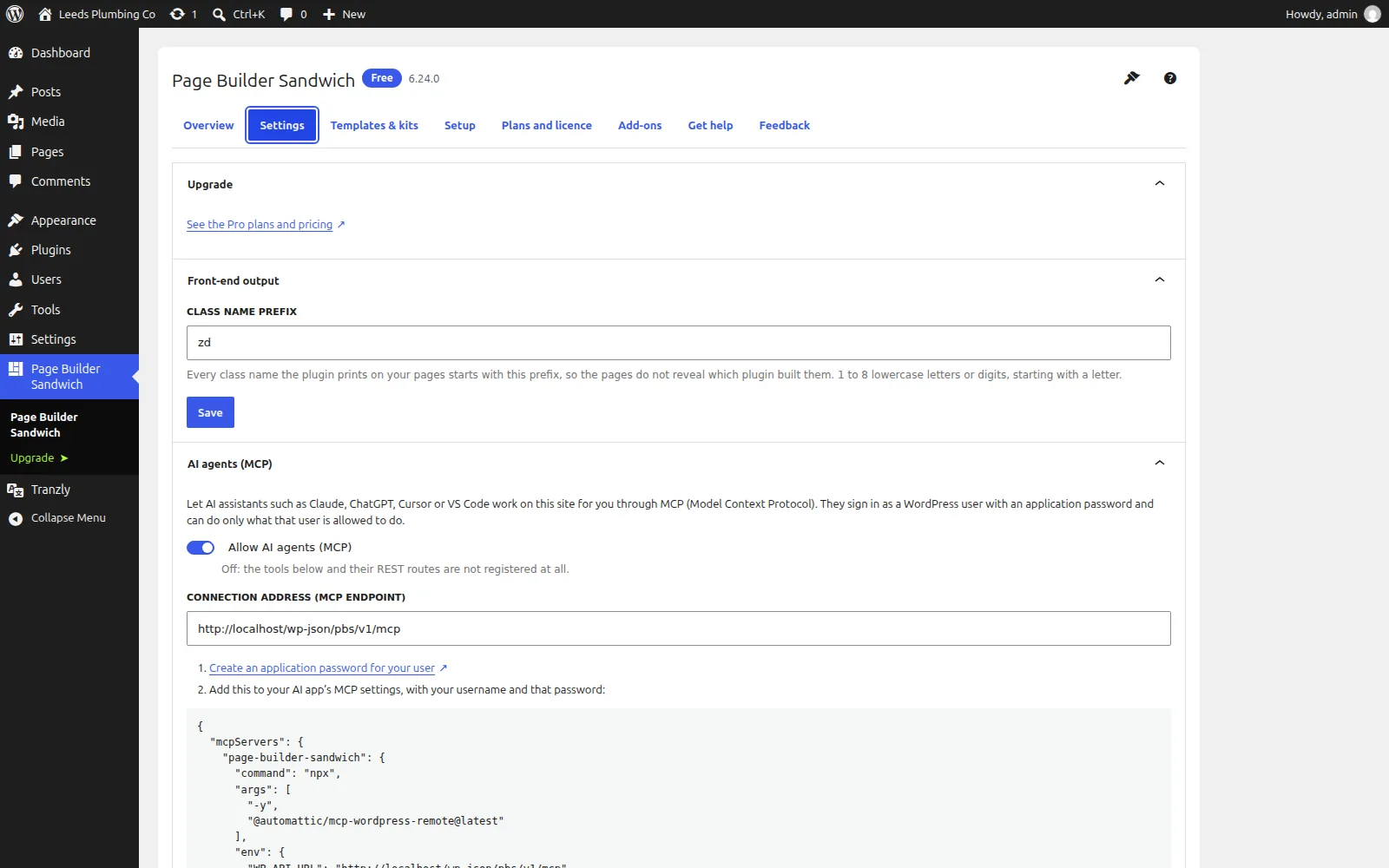 WordPress-dəki Page Builder Sandwich ayarlar ekranı: ön hissə sinif adı prefiksi, açarı ilə süni intellekt agentləri (MCP) bölməsi, saytın qoşulma ünvanı və süni intellekt tətbiqinə yapışdırılacaq konfiqurasiya.