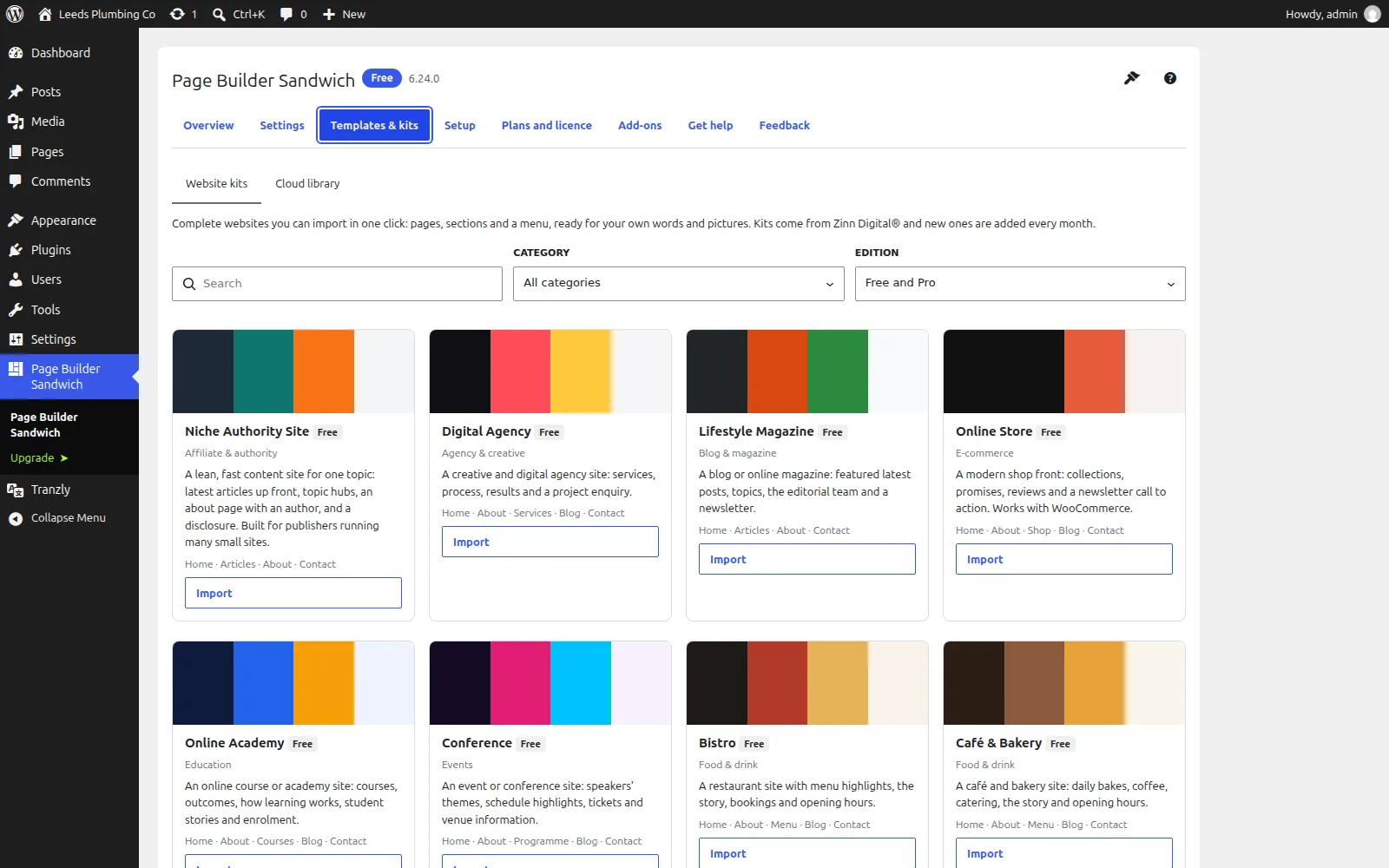 Page Builder Sandwich-də Şablonlar və dəstlər ekrançası; niş nüfuzlu sayt, rəqəmsal agentlik, həyat tərzi jurnalı, onlayn mağaza və sair üçün hər birində İdxal düyməsi olan vebsayt dəstlərini göstərir.