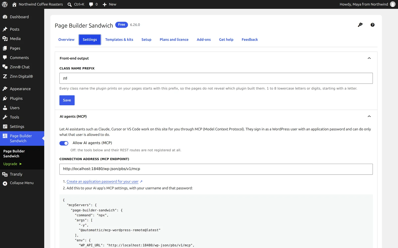Podešavanja za Page Builder Sandwich sa adresom veze za AI agente (MCP)