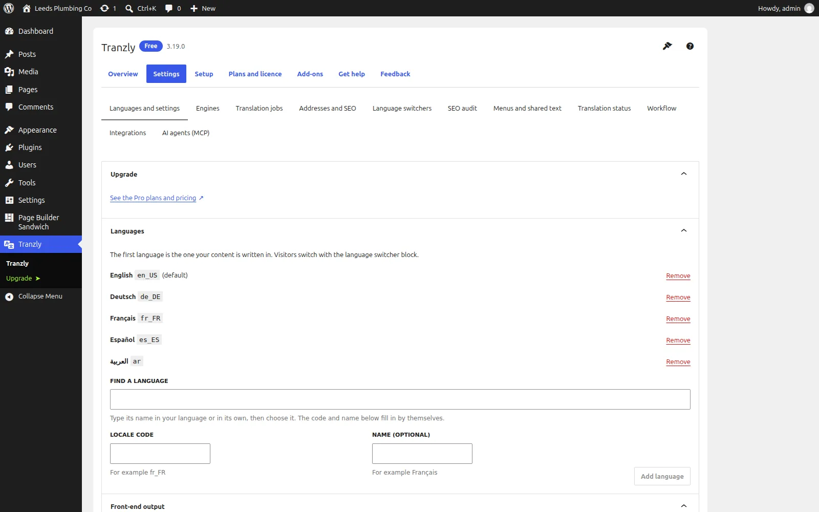 WordPress-də saytın dillərini (standart olaraq İngilis, Alman, Fransız, İspan və Ərəb) və başqasını tapıb əlavə etmək üçün sahəni sadalayan Tranzly parametrlər ekranı.