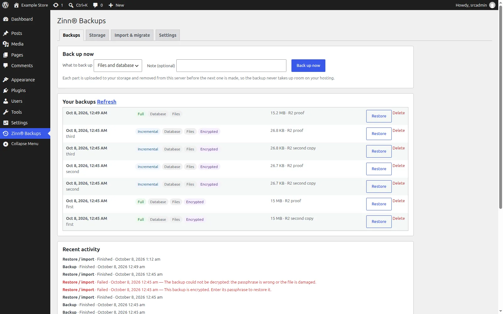 The Zinn® Backups screen with a backup running and the list of backups read from the storage