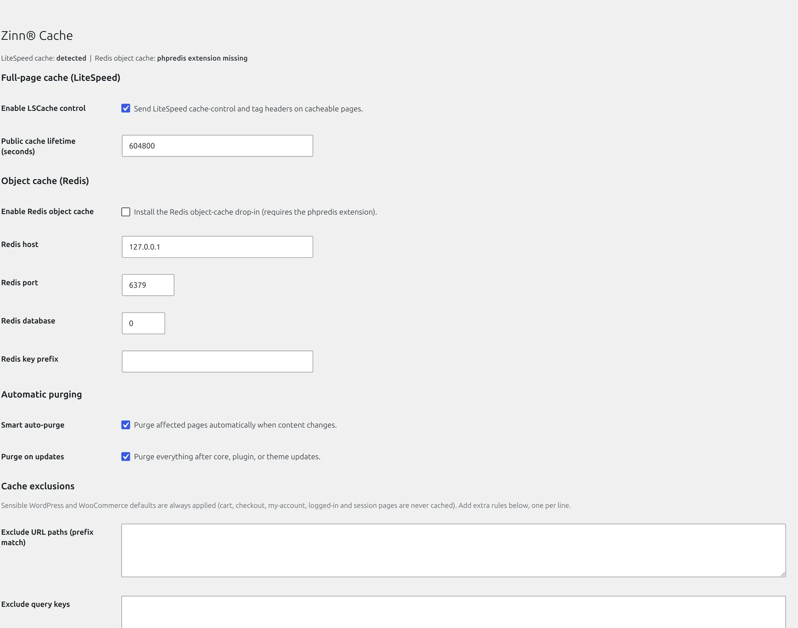 The Zinn® Cache settings screen in wp-admin: LiteSpeed cache detected, the public cache lifetime, and the Redis object-cache controls