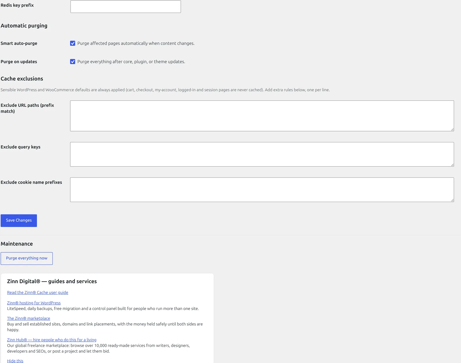 The lower half of the Zinn® Cache settings screen in wp-admin, showing automatic purging and the cache exclusion rules