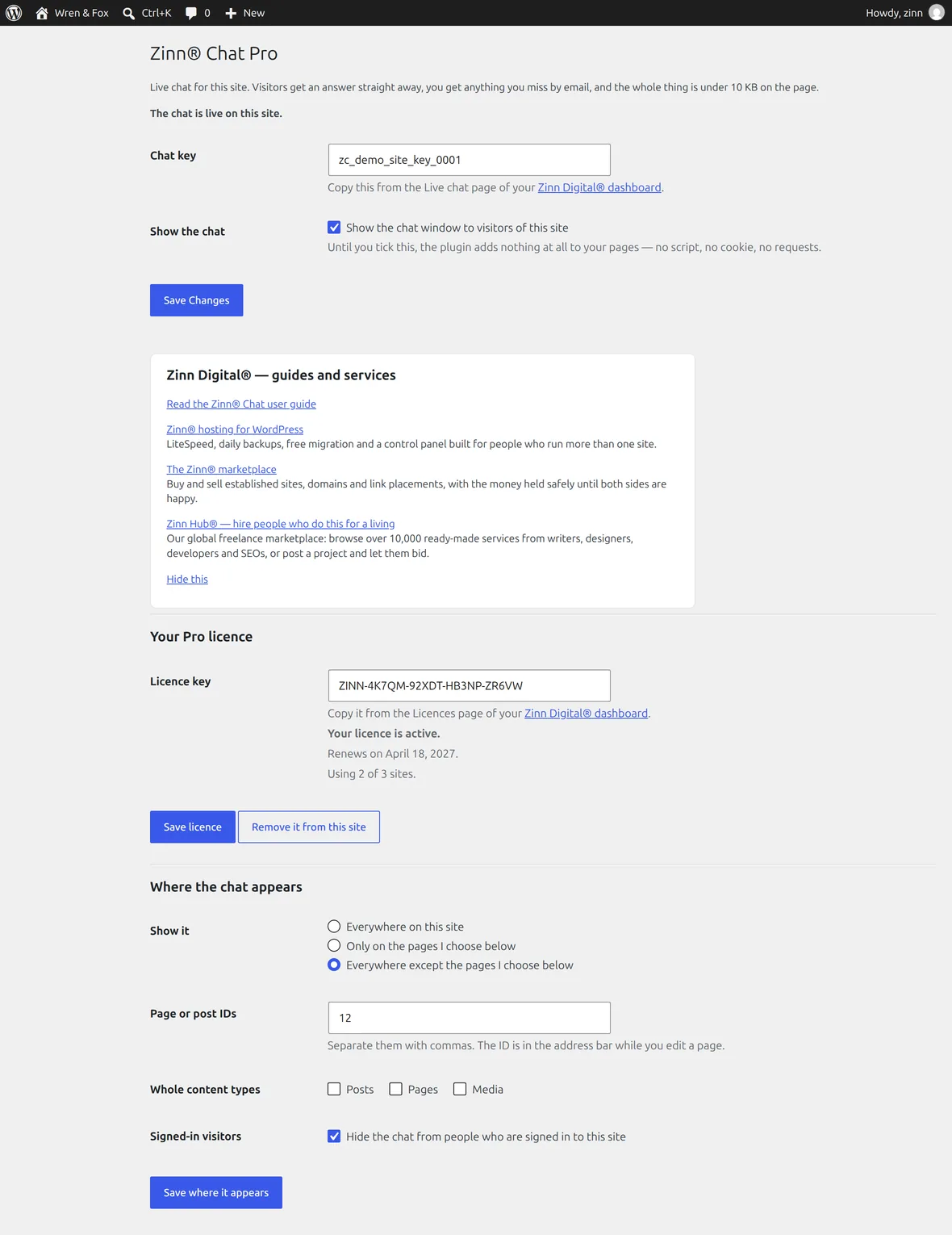 The Zinn® Chat Pro settings screen in WordPress, showing an active licence with its renewal date and two of three sites in use, above the controls for choosing which pages the chat appears on.