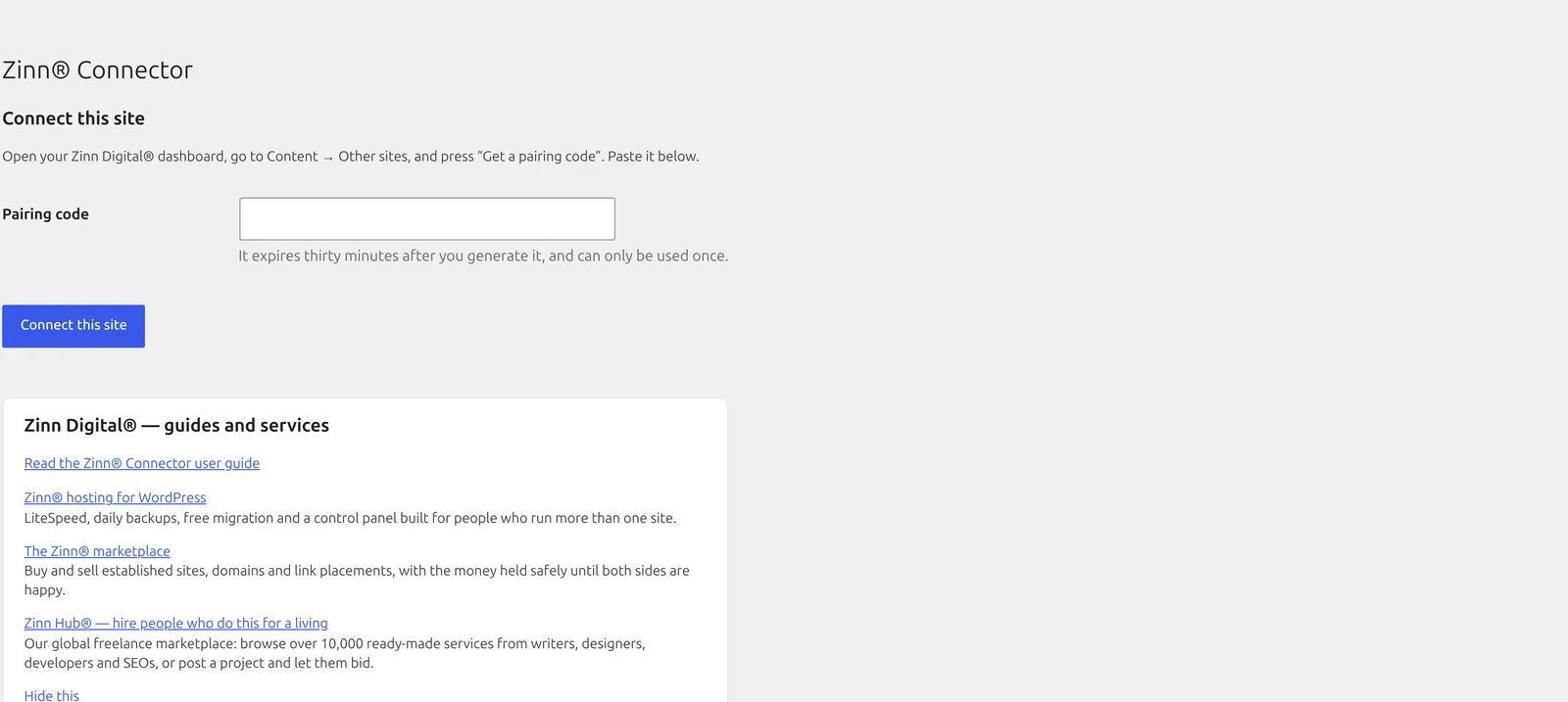 The Zinn® Connector settings screen in wp-admin with the single pairing-code field