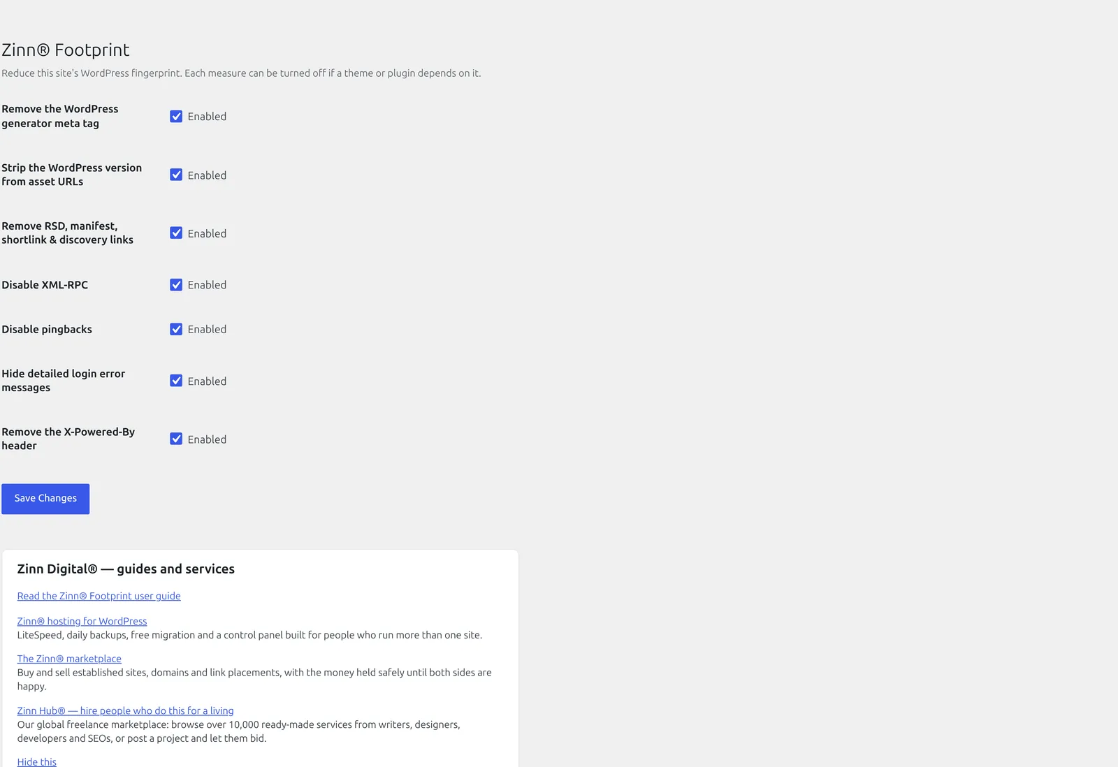 The Zinn® Footprint settings screen in wp-admin listing each fingerprint measure as its own enabled toggle