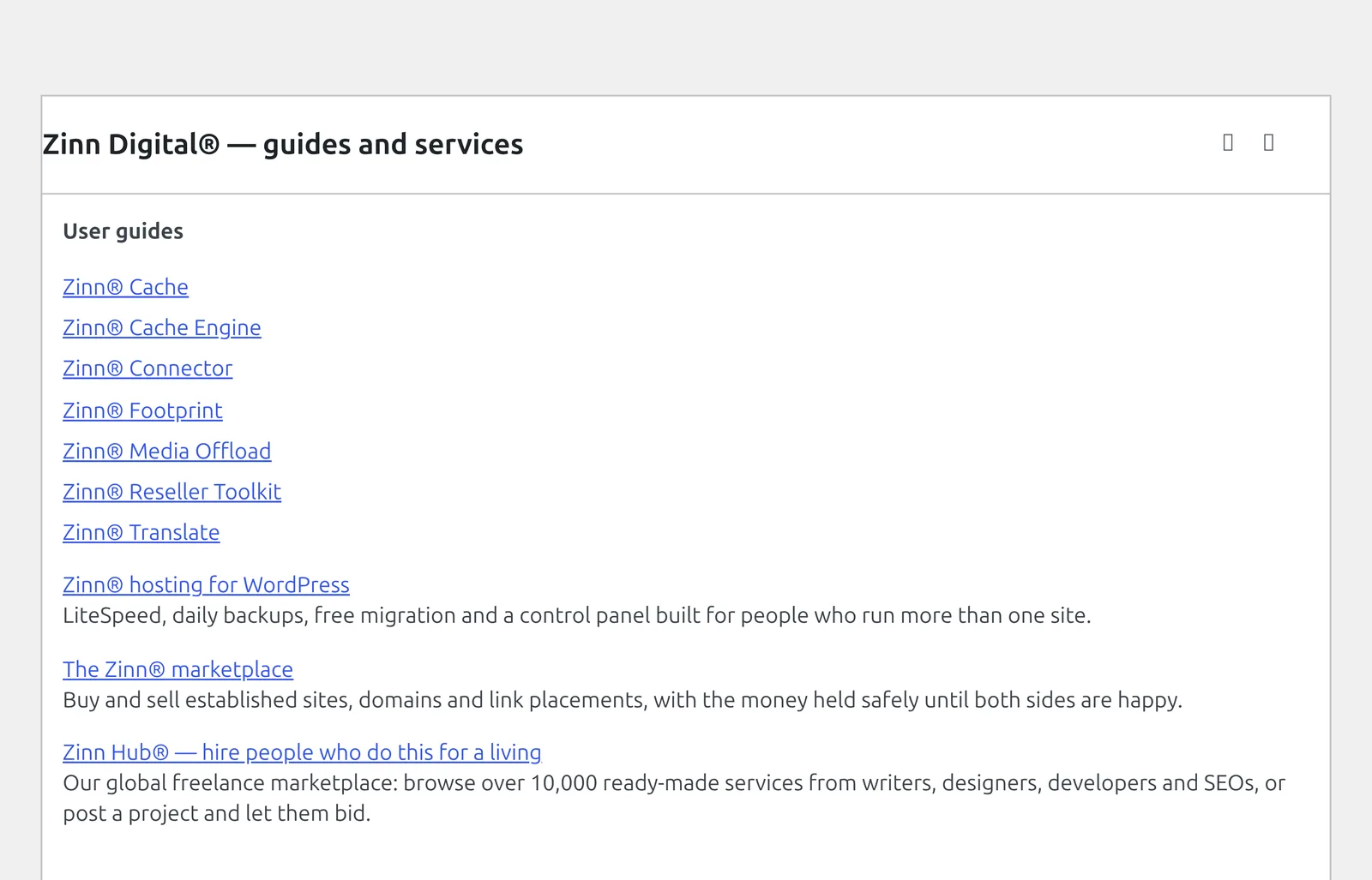 The Zinn Digital® panel in the WordPress dashboard, listing the user guide for each installed Zinn® plugin