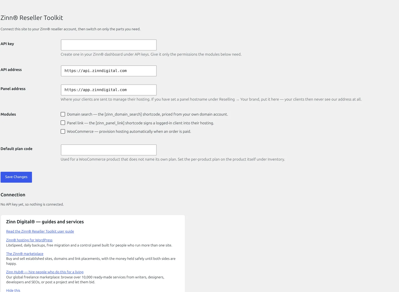The Zinn® Reseller Toolkit settings screen in wp-admin showing the API key, the panel address and the three module switches