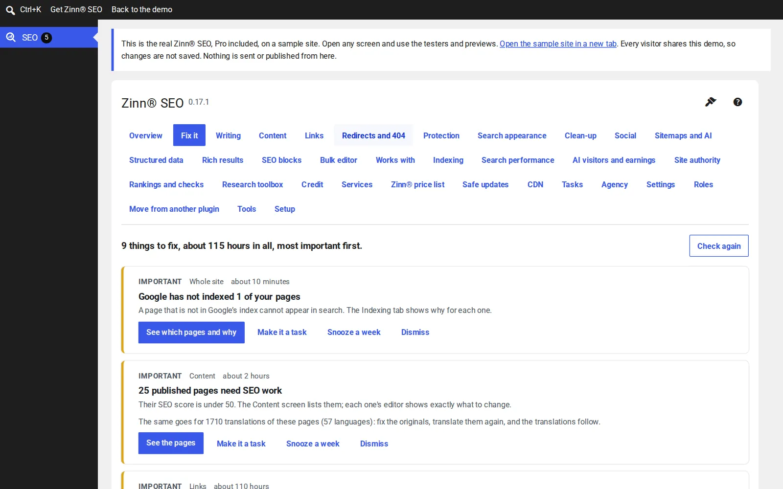 The Fix it screen of Zinn® SEO: the things to fix on the site, most important first, each with a time estimate and a button that opens it