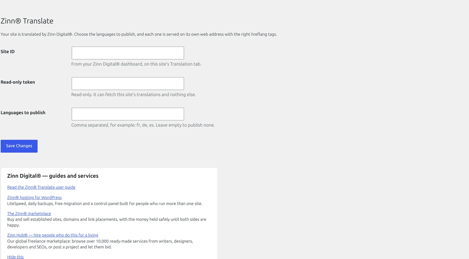 The Zinn® Translate settings screen in wp-admin with the site ID, the read-only token and the list of languages to publish